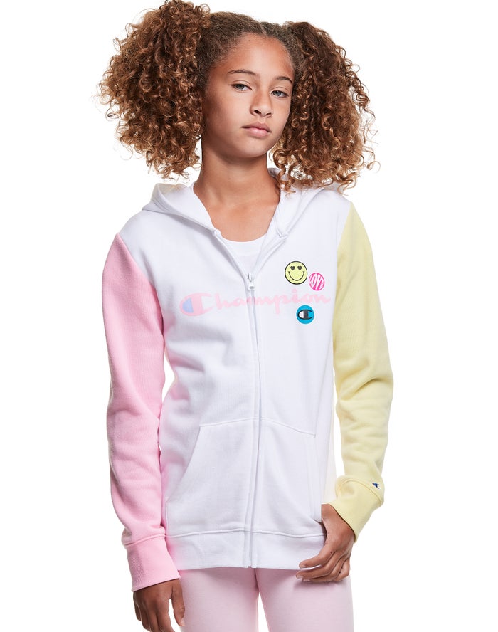 Champion Pige Hættetrøje Hvide/Pink/Gul - Colorblock Fleece Full Zip Smiley Face - Danmark WOM-50176